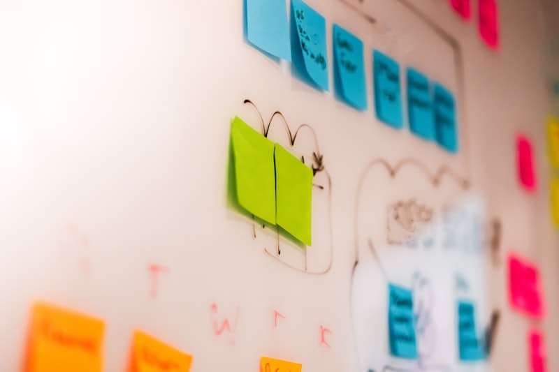 Colorful sticky notes on whiteboard for creative planning