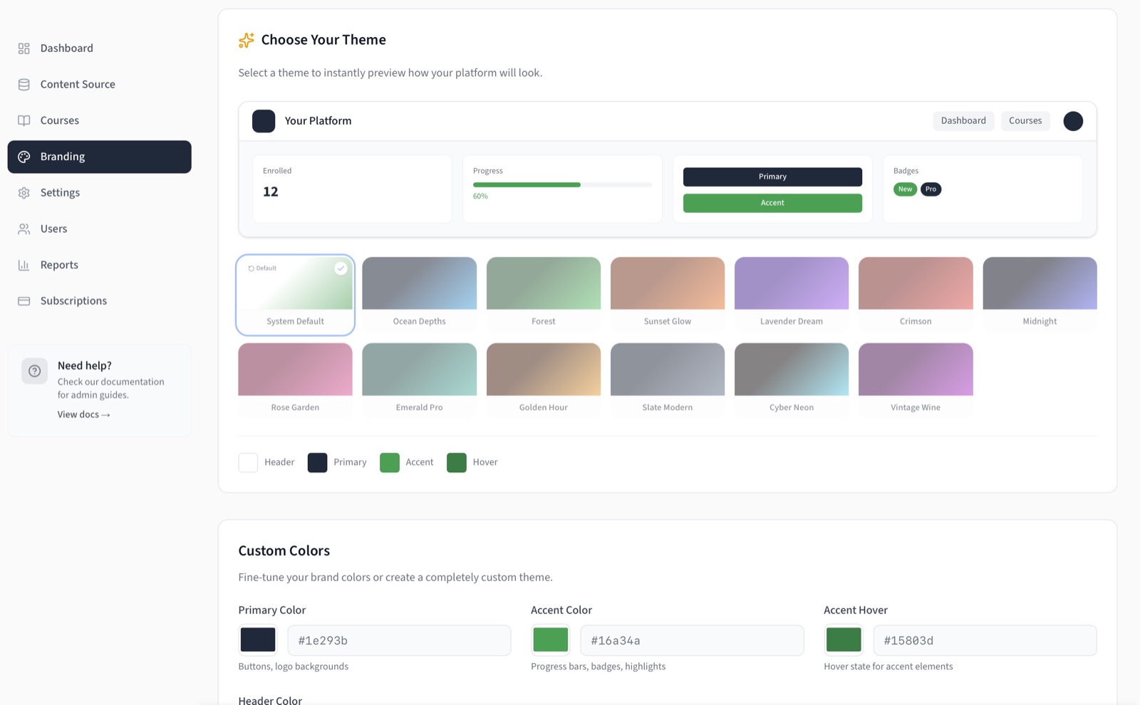 LMSMore branding customization with theme selection and color picker