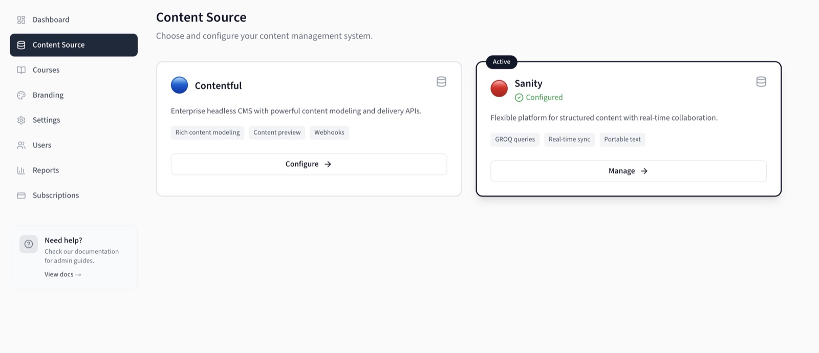 LMSMore CMS integration settings connecting to Contentful