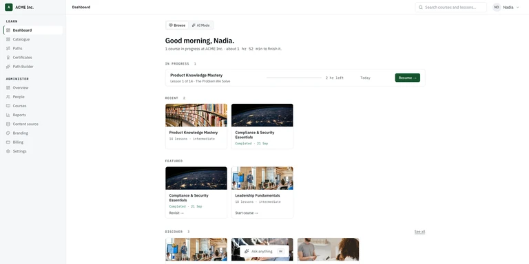 LMSMore learner dashboard for ACME Inc. with courses in progress, recent courses, and featured courses