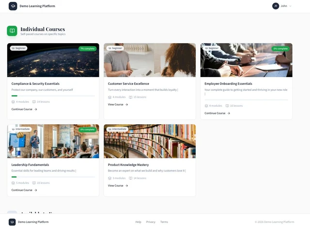LMSMore dashboard showing course catalog with progress tracking